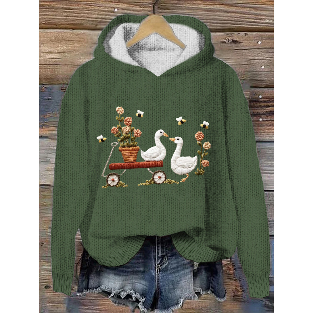 Floral Duck Embroidery Pattern Hooded Sweater