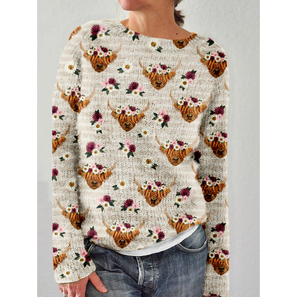 Floral Highland Cattle Graphic Vintage Cozy Sweater