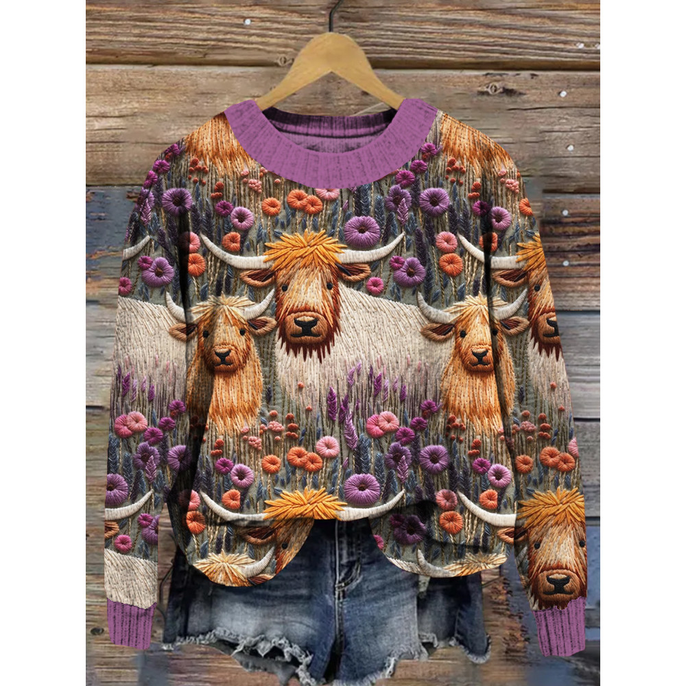 Floral Highland Embroidery Art Cozy Knit Sweater