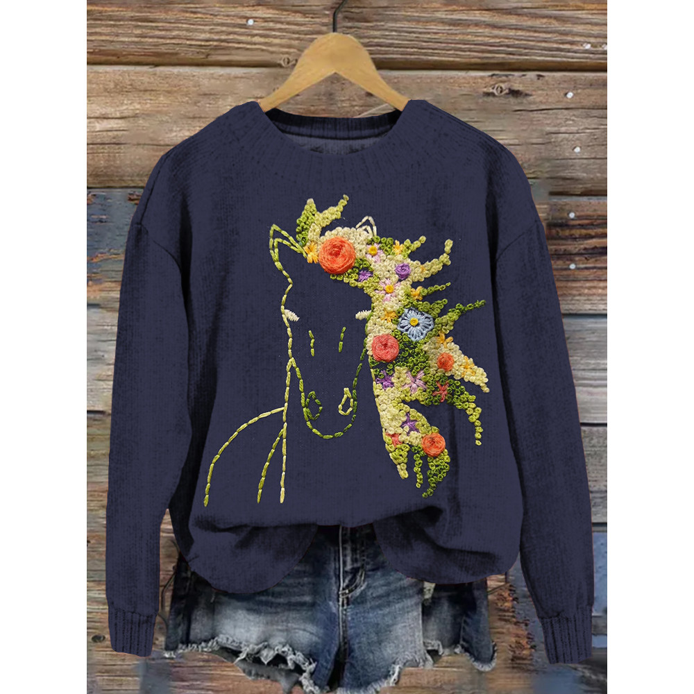 Floral Horse Embroidery Pattern Cozy Knit Sweater