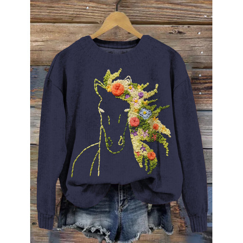 Floral Horse Embroidery Pattern Cozy Knit Sweater