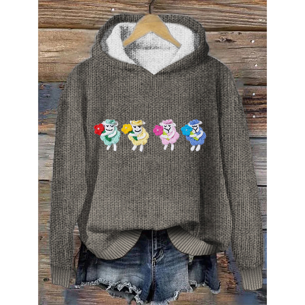 Floral Sheep Pattern Hooded Sweater