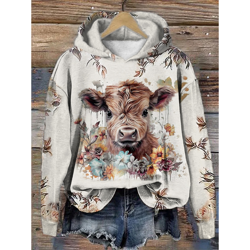 Floral & Highland Cow Print Casual Hoodie