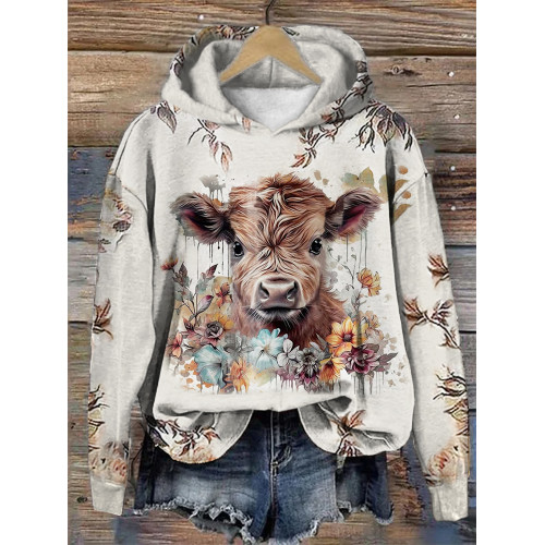 Floral & Highland Cow Print Casual Hoodie