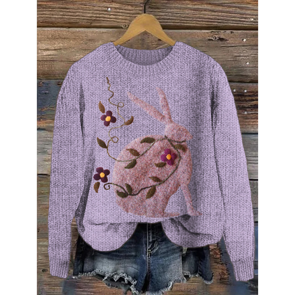 Floral & Rabbit Felt Pattern Cozy Sweater
