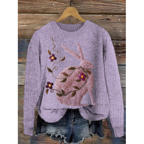 Floral & Rabbit Felt Pattern Cozy Sweater