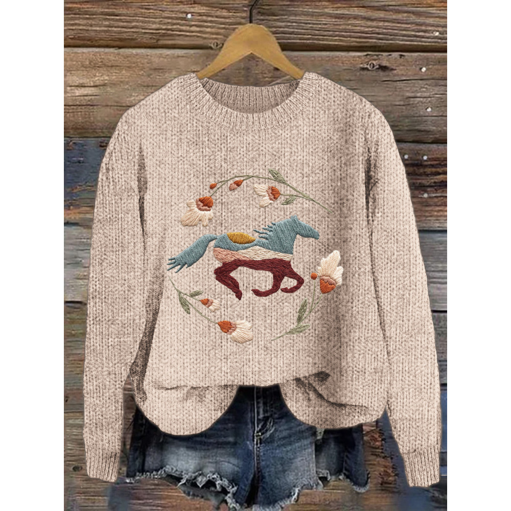 Floral & Running Horse Embroidered Sweater
