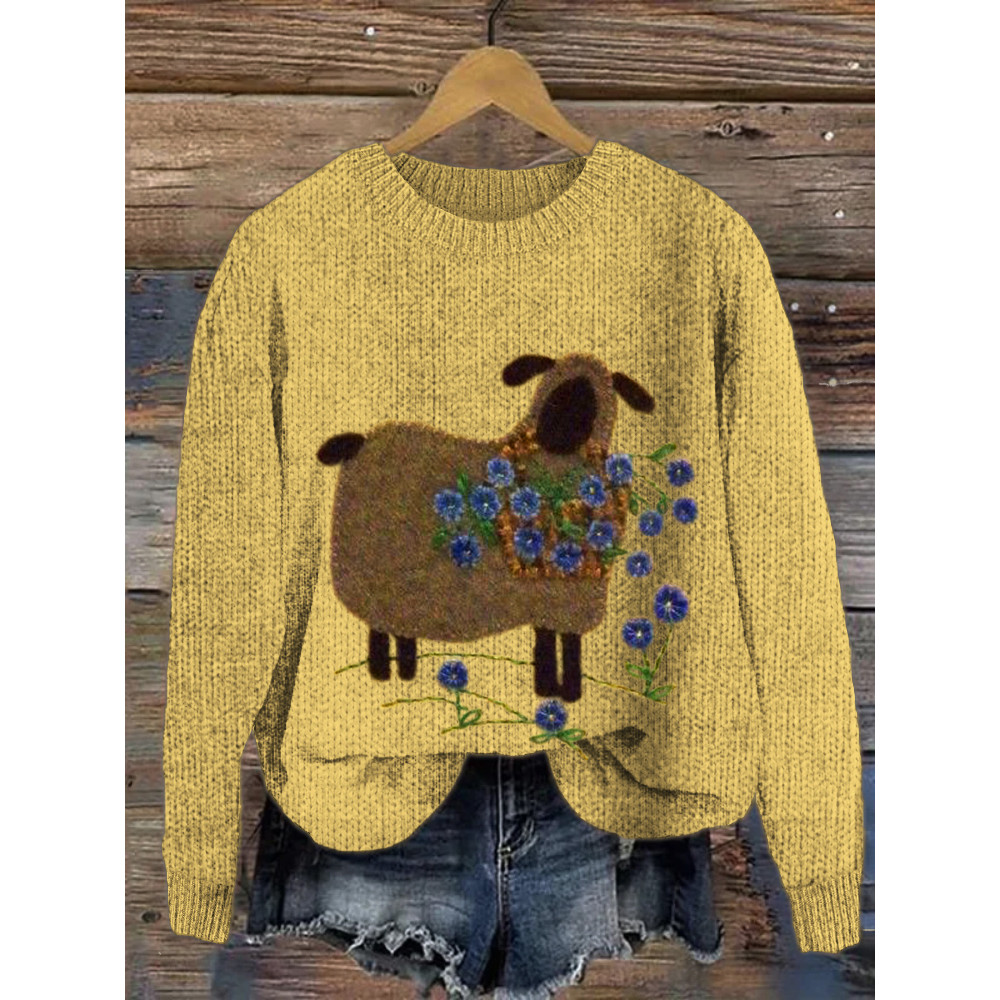 Floral & Sheep Felt Pattern Cozy Sweater