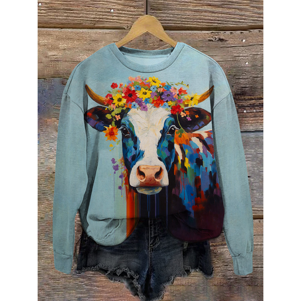 Flower Cow Print Crew Neck Long Sleeve Sweatshirt