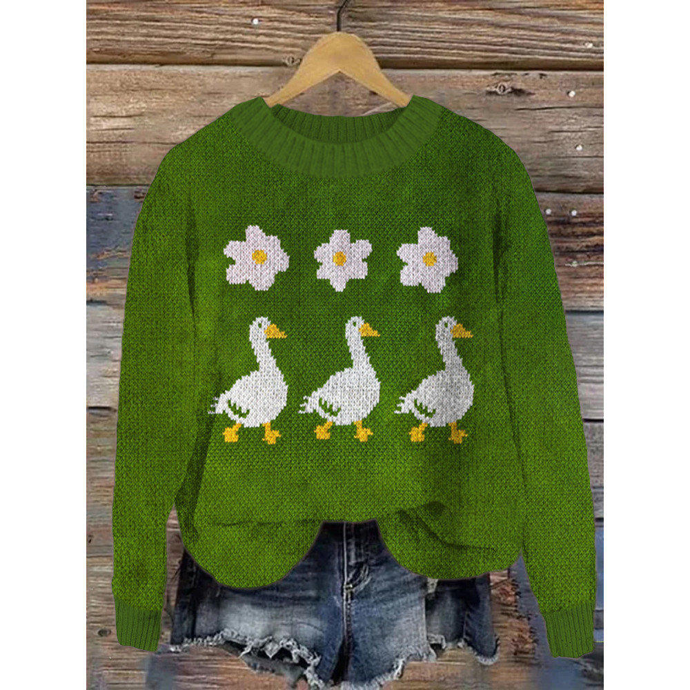 Flower Duck Pattern Cozy Knit Sweater