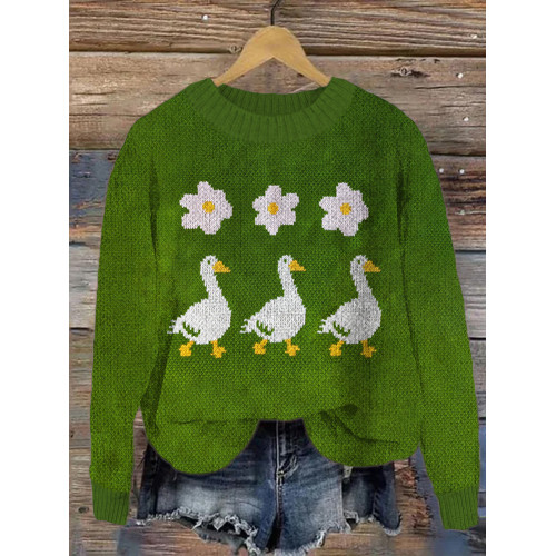 Flower Duck Pattern Cozy Knit Sweater
