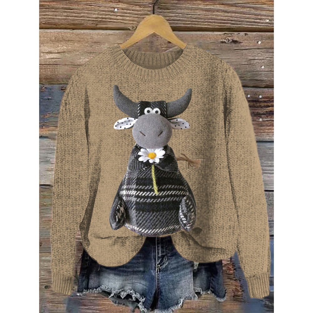 Flower Muppet Cow Print Crew Neck Sweater