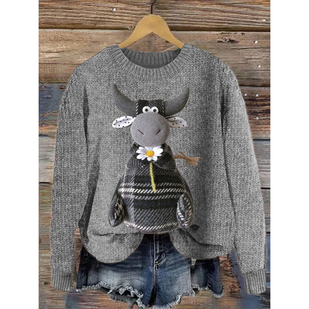 Flower Muppet Cow Print Crew Neck Sweater