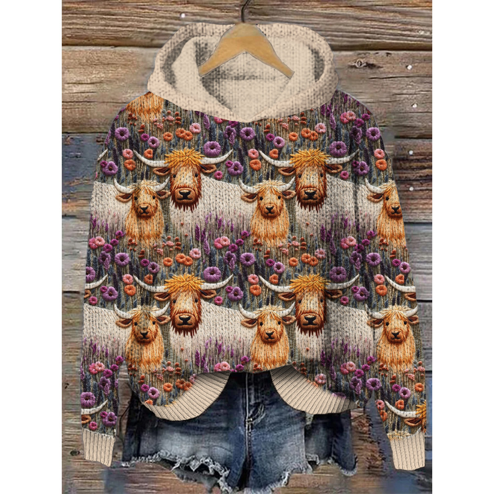 Flower Wild Cow Cozy Hooded Sweater