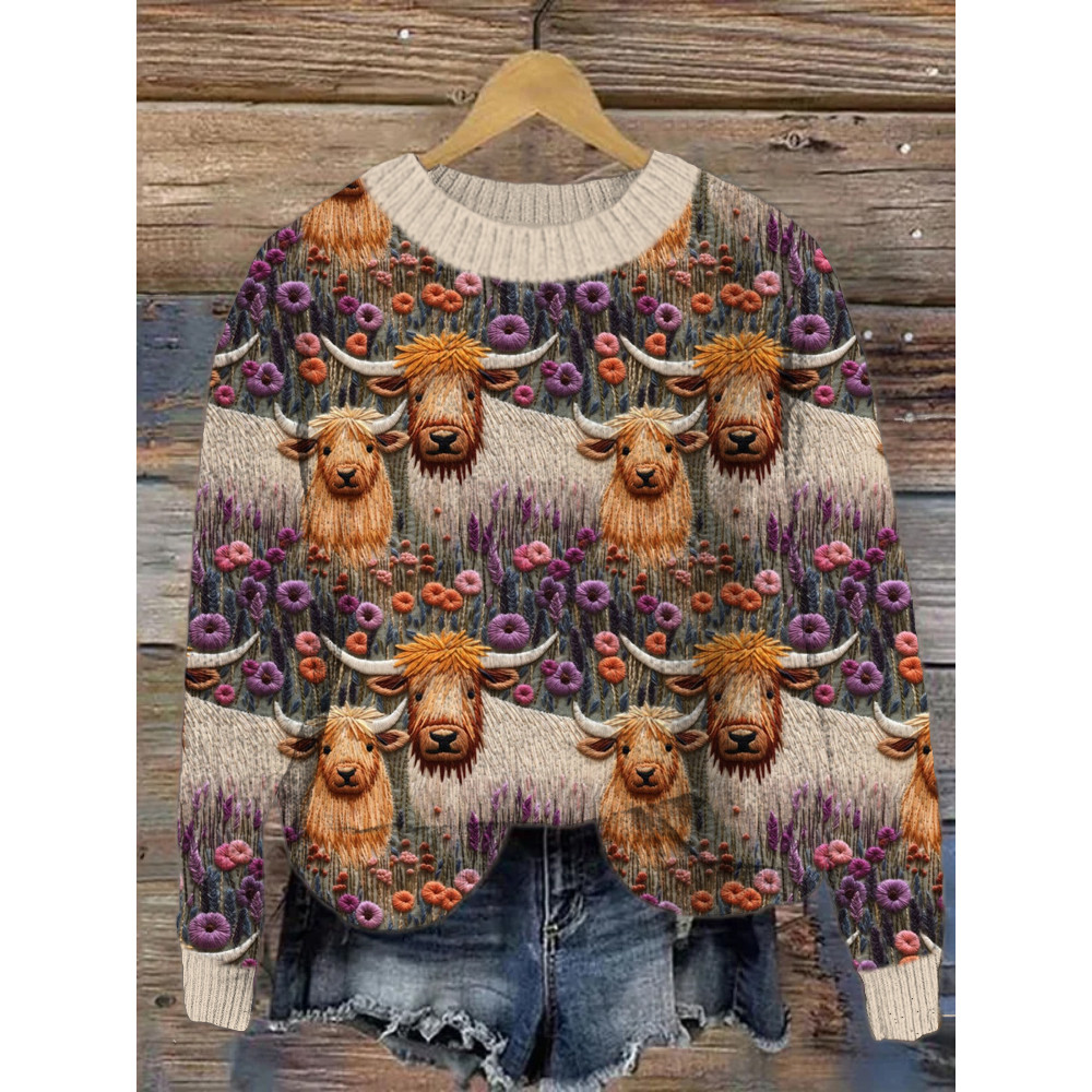 Flower Wild Cow Crew Neck Cozy Sweater