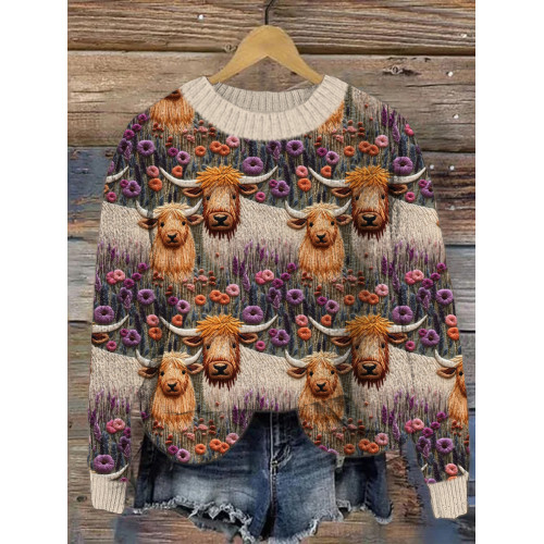 Flower Wild Cow Crew Neck Cozy Sweater