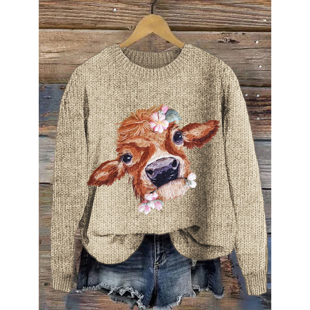 Flower & Cow Embroidery Pattern Cozy Sweater