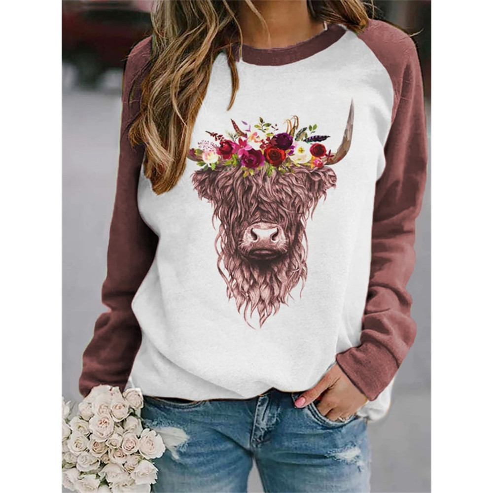 Flowers Highland Cow Print Casual Sweatshirt