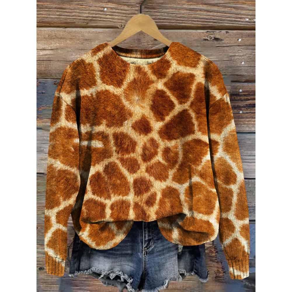 Fluffy Giraffe Hide Graphic Crew Neck Cozy Sweater