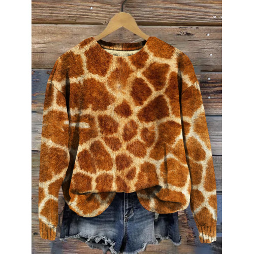 Fluffy Giraffe Hide Graphic Crew Neck Cozy Sweater