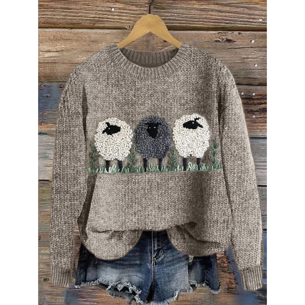 Fluffy Sheep Embroidery Art Cozy Knit Sweater