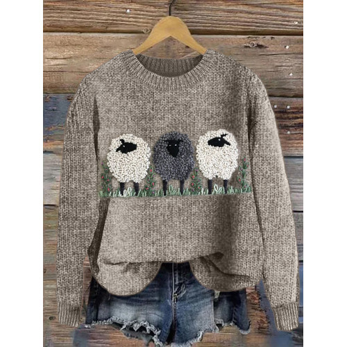 Fluffy Sheep Embroidery Art Cozy Knit Sweater