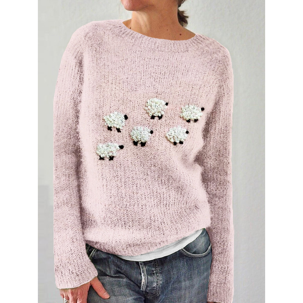 Fluffy Sheep Embroidery Art Crew Neck Comfy Sweater