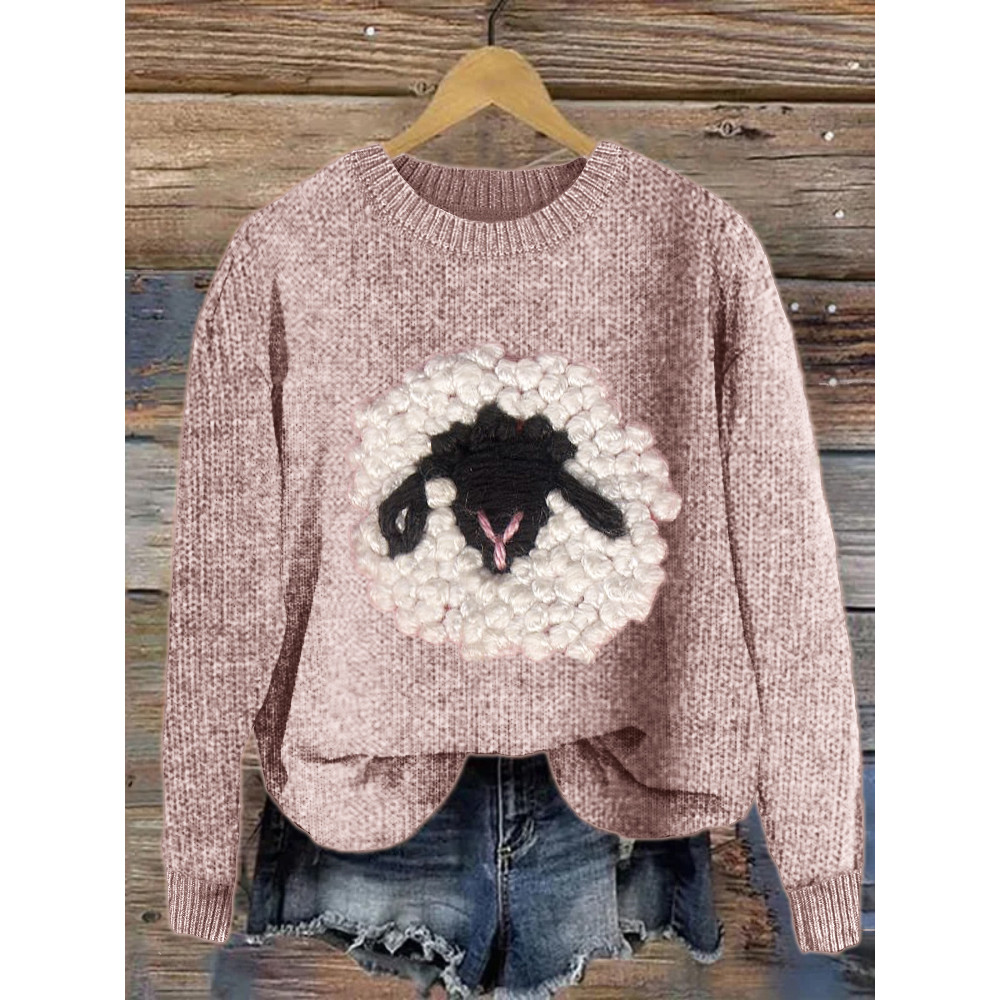 Fluffy Sheep Punch Needle Embroidery Cozy Sweater