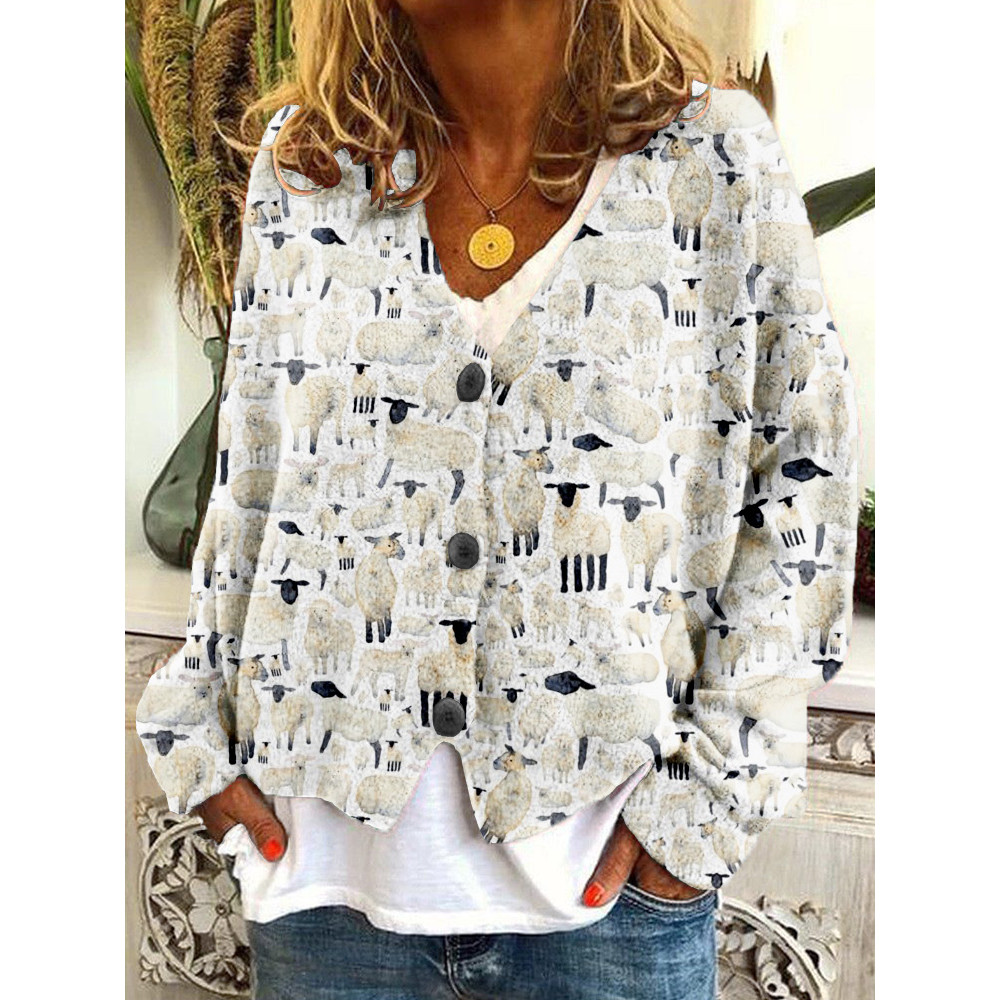 Fluffy White Sheep Graphic Button Comfy Cardigan