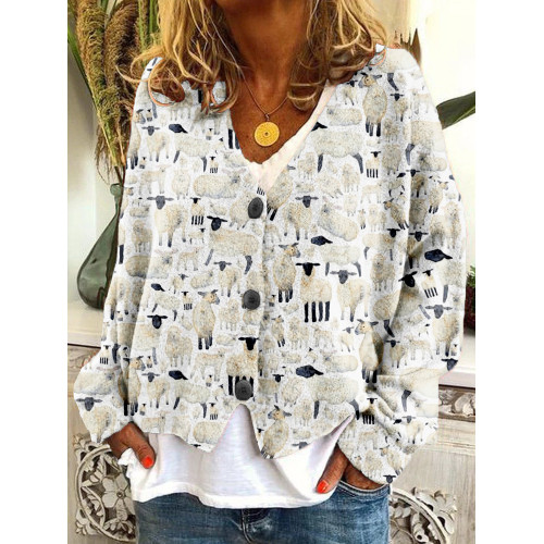 Fluffy White Sheep Graphic Button Comfy Cardigan