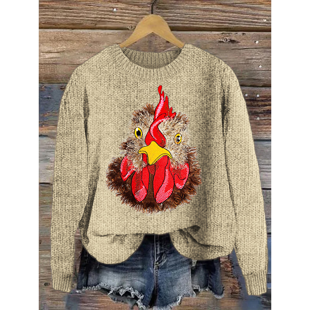 Fringed Chicks Embroidery Cozy Knit Sweater