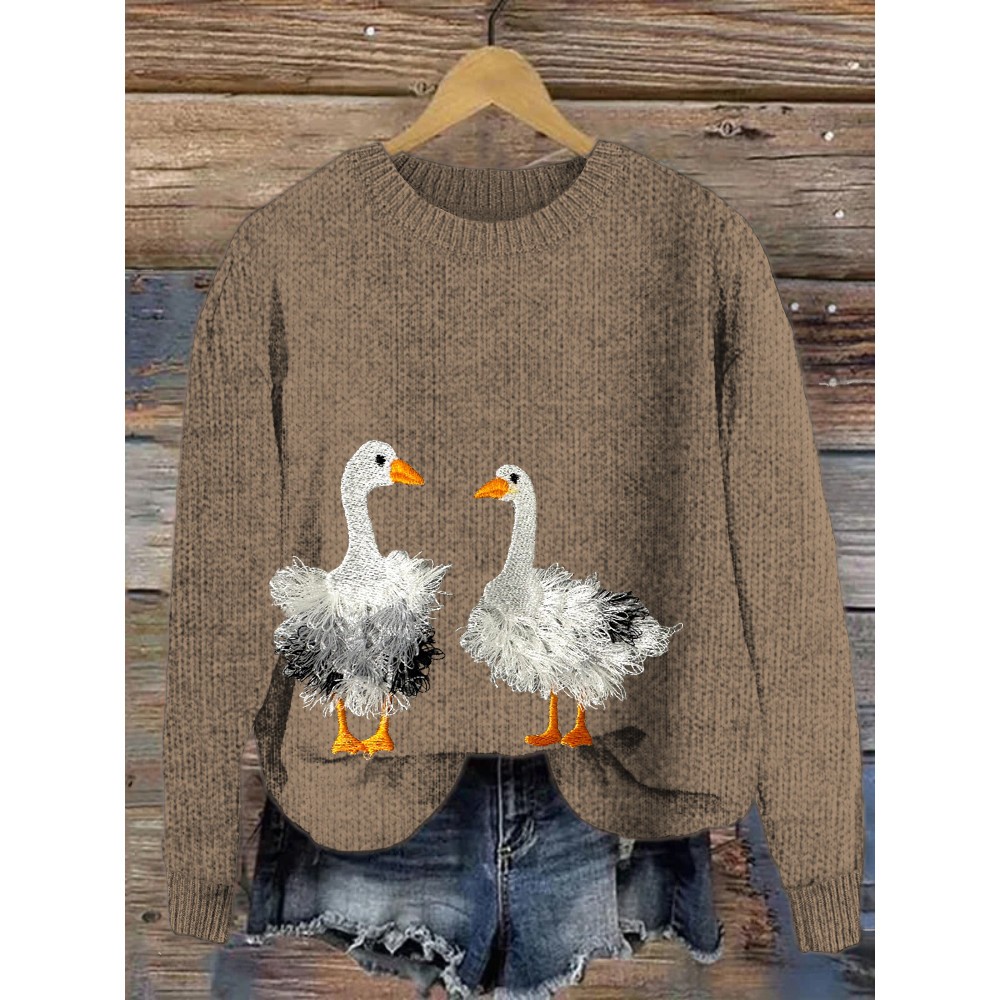Fringed Fluffy Chenille Goose Farm Bird Animal Embroidery Sweater