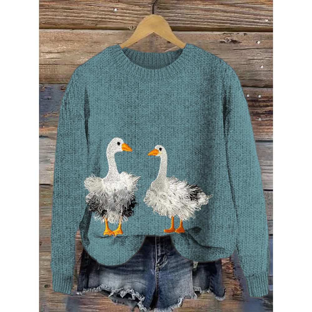 Fringed Fluffy Chenille Goose Farm Bird Animal Embroidery Sweater