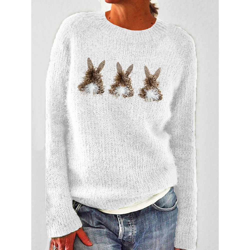 Fringed Triple Bunnies Embroidery Cozy Knit Sweater