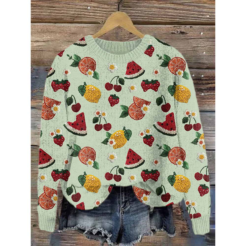 Fruit Pattern Embroidery Art Cozy Knit Sweater