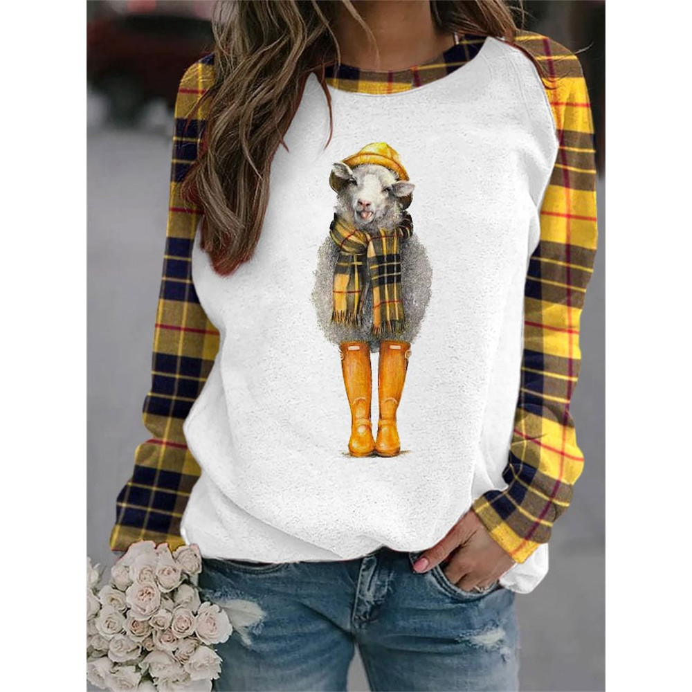 Fun Scarf Sheep Check Patchwork Casual Sweatshirt