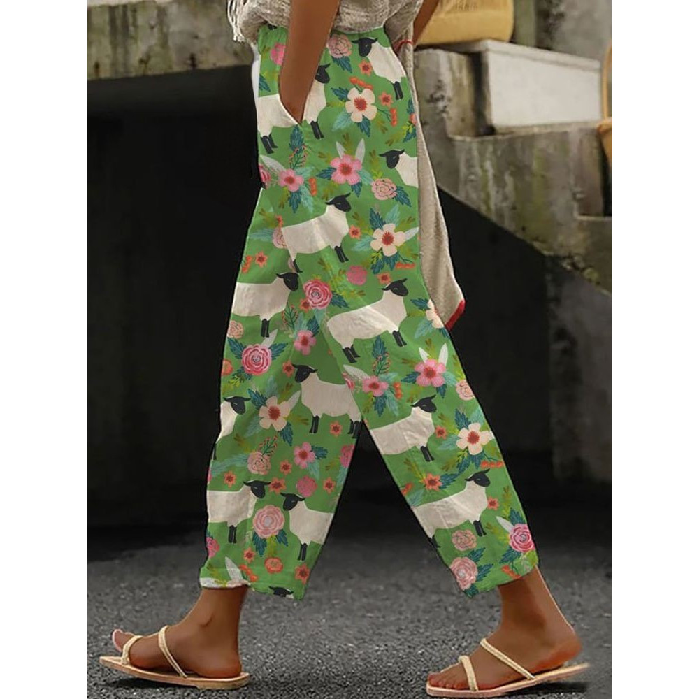Fun Sheep And Floral Print Pocket Casual Pants