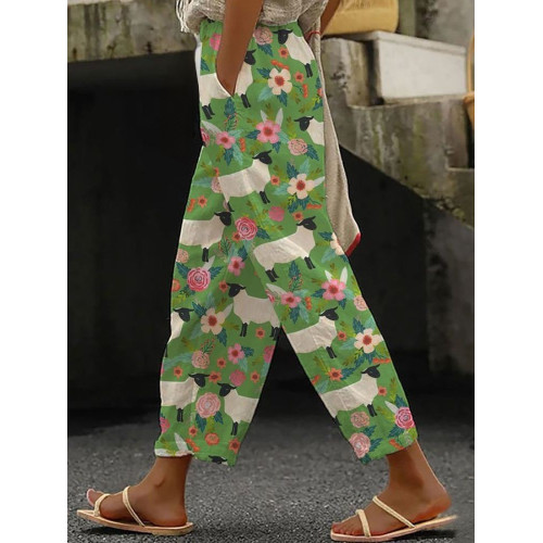 Fun Sheep And Floral Print Pocket Casual Pants