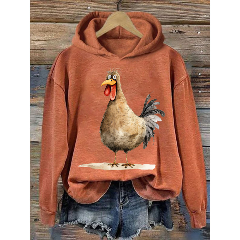 Funky Cartoon Chickens Print Casual Cozy Hoodie