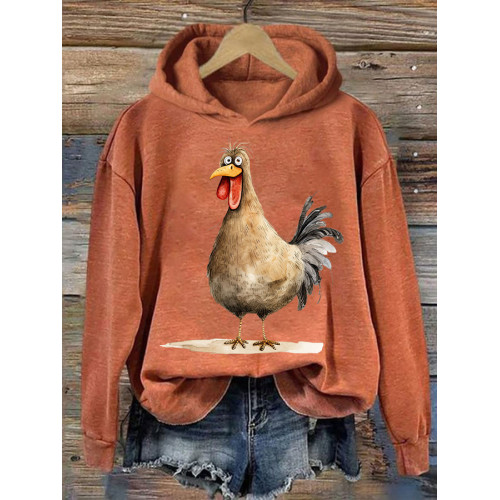 Funky Cartoon Chickens Print Casual Cozy Hoodie