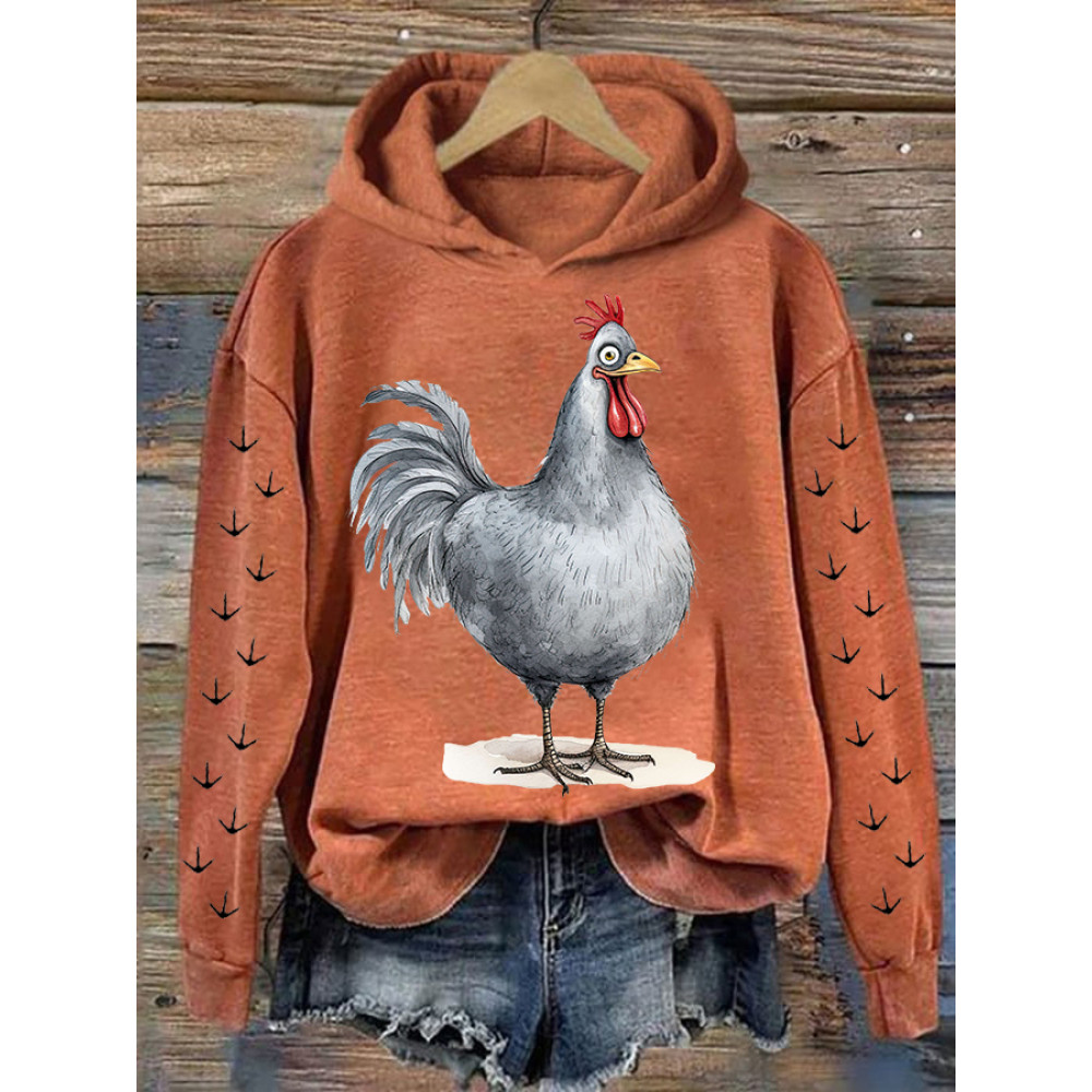 Funky Cartoon Chickens Print Casual Cozy Hoodie