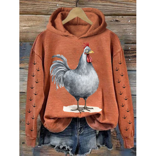 Funky Cartoon Chickens Print Casual Cozy Hoodie
