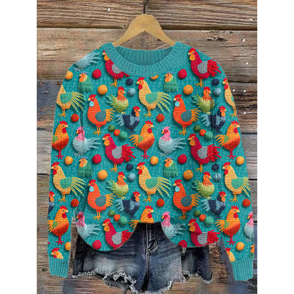 Funny Chicken Embroidery Art Casual Cozy Knit Sweater