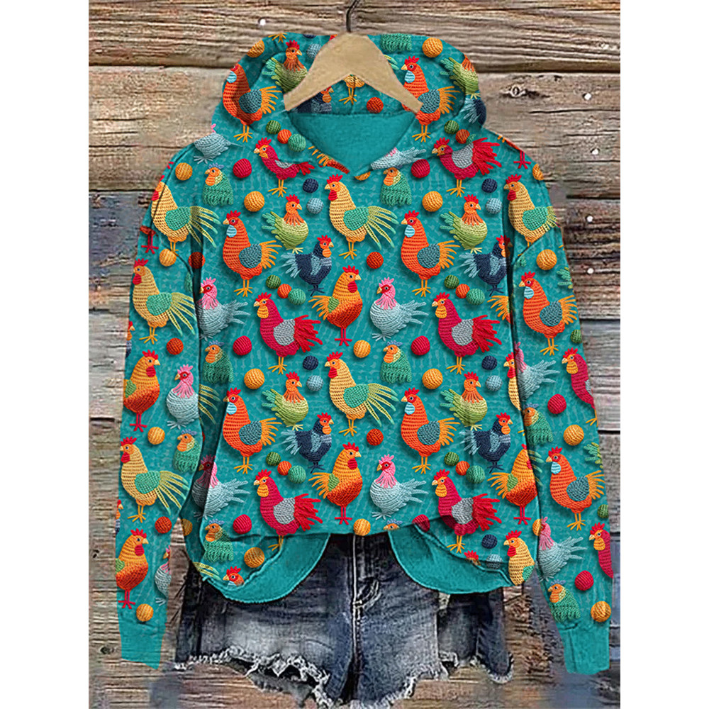 Funny Farm Chicken Embroidery Art Casual Cozy Hoodie