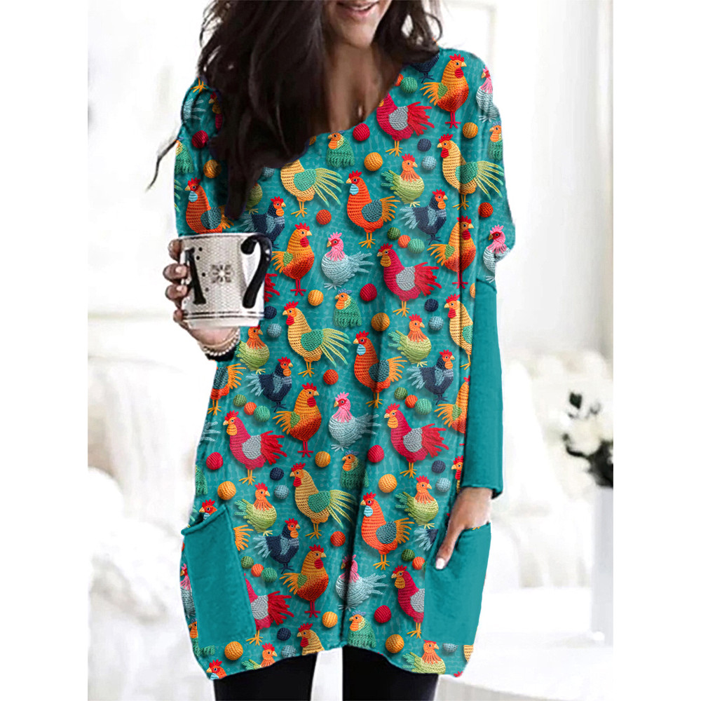 Funny Farm Chicken Embroidery Art Casual Cozy Long T-Shirt