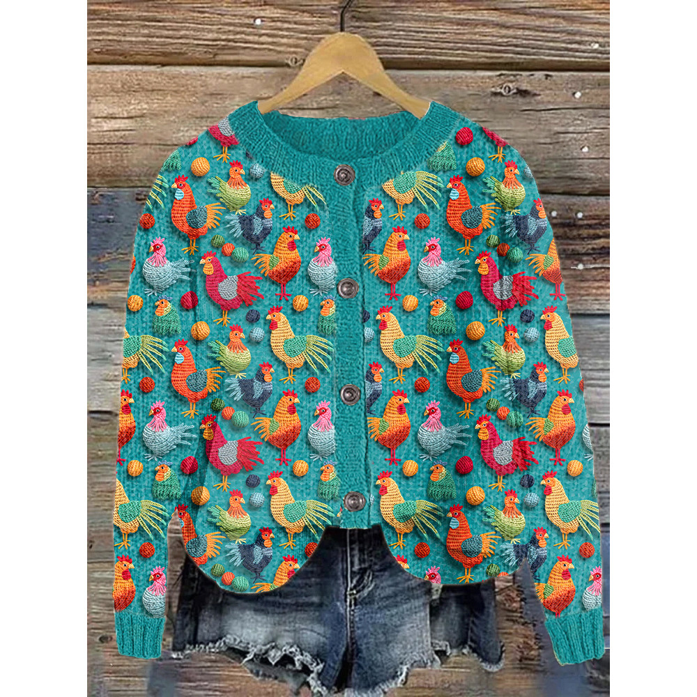 Funny Farm Chicken Embroidery Art Cozy Knitted Cardigan