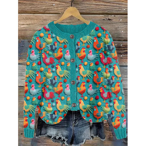 Funny Farm Chicken Embroidery Art Cozy Knitted Cardigan