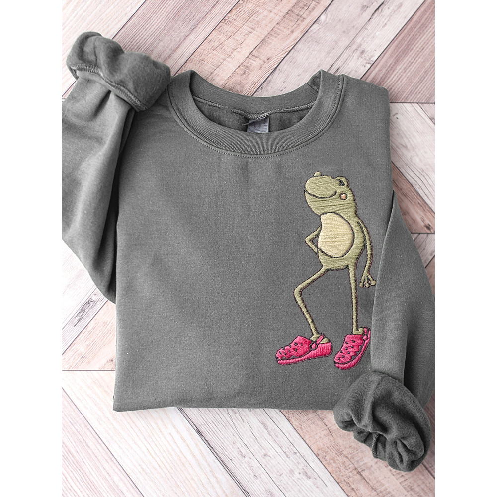 Funny Frog Embroidery Pattern Casual Sweatshirt