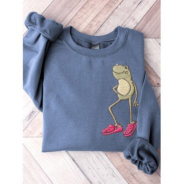 Funny Frog Embroidery Pattern Casual Sweatshirt