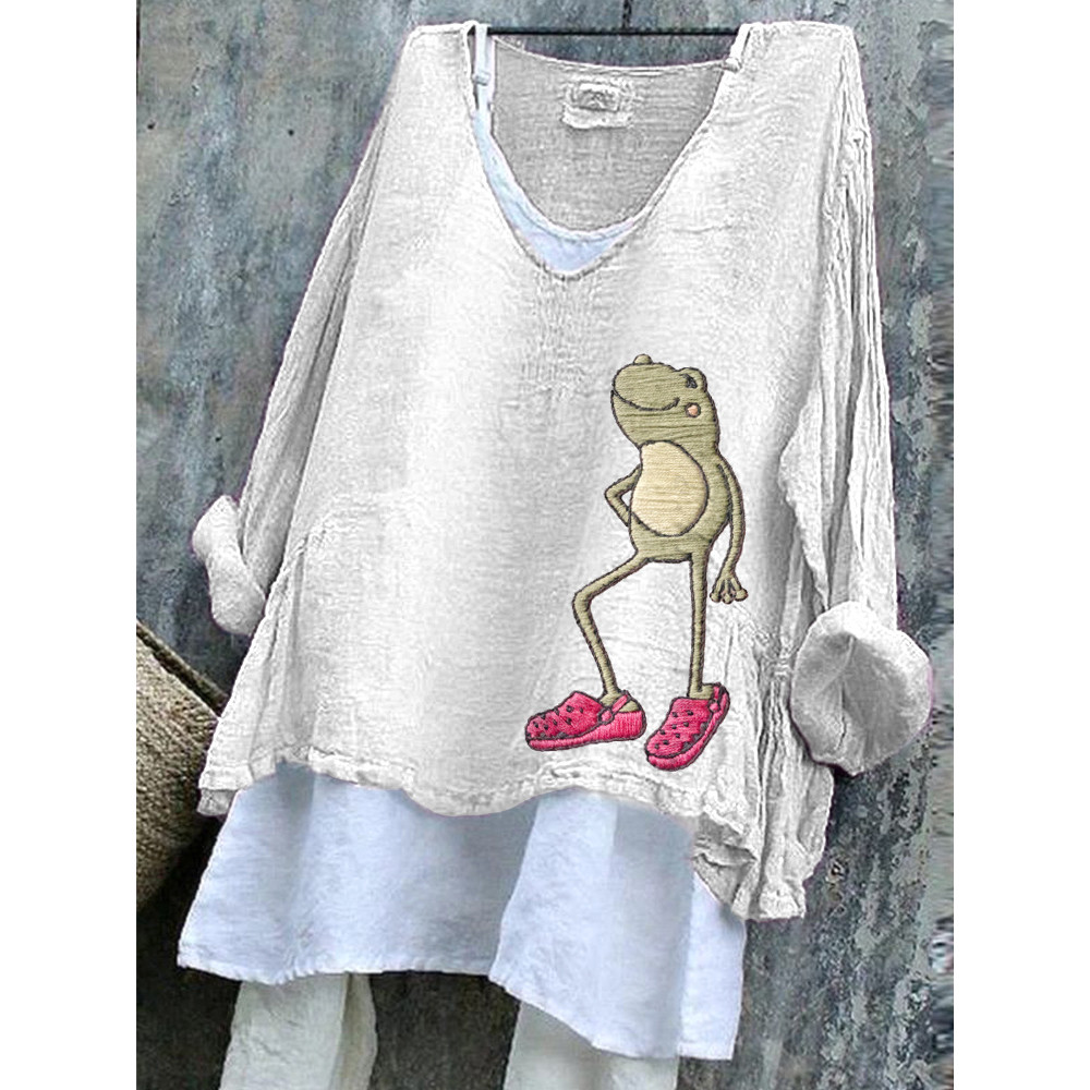 Funny Frog Embroidery Pattern Comfort Linen Shirt